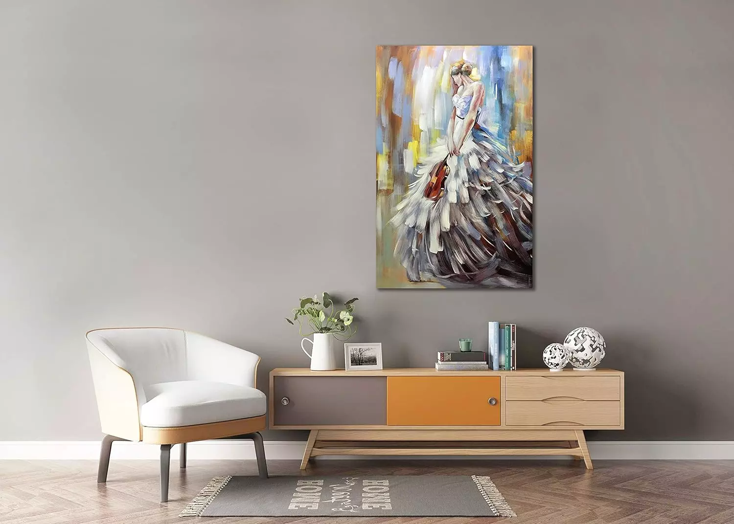 V-inspire Art  32x48 Inch Vintage Abstract Artwork Elegant Violin Girl 100% Hand-Painted Oil Paintings on Acrylic Canvas Wall Art Home Wall Décor Stretched Frame Ready to Hang — Wall Art