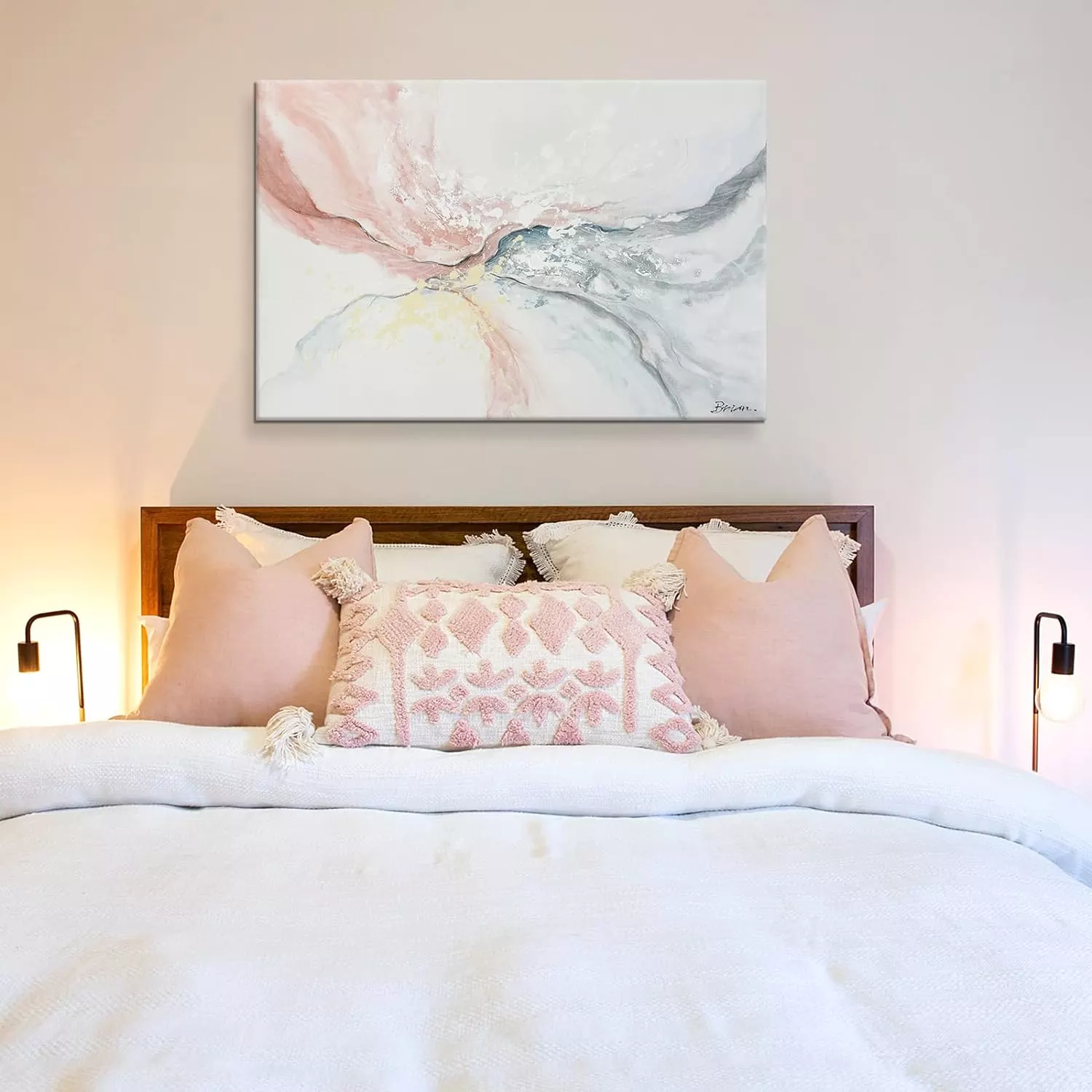 Large Pink Abstract Wall Art Contemporary Canvas Artwork Marble Design Blush Grey Water Flow Trendy Paintings Modern Framed Decor for Kitchen Bedroom Living Room Dining Room Office 36 x24  — Wall Art