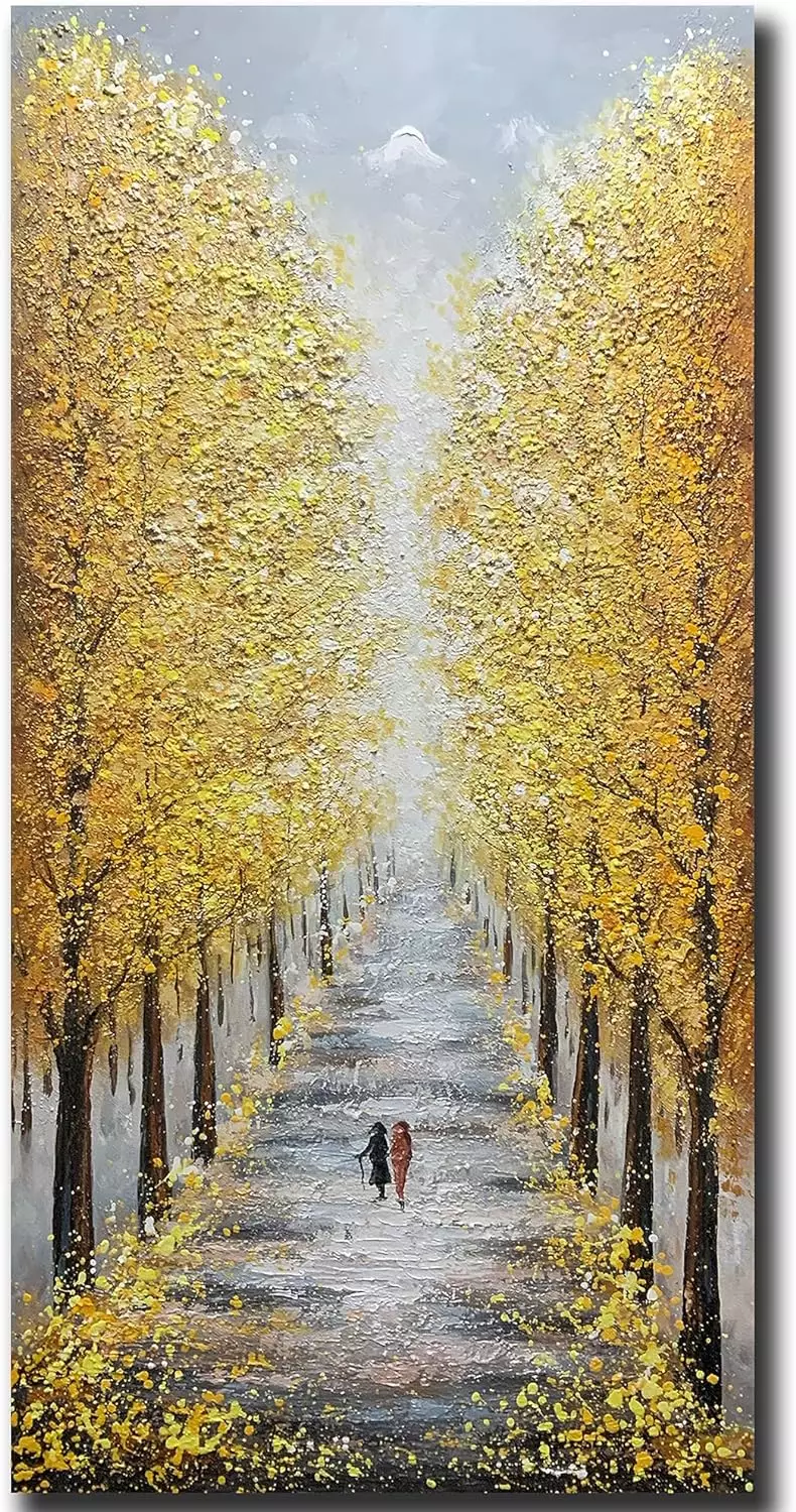 Yotree Paintings - 24x48 Inch 3D Wall Art on Canvas Abstract Painting Autumn Landscape Golden Avenue Wood Inside Framed Hanging Fall Wall Decoration Ready to Hang Vertical — Wall Art