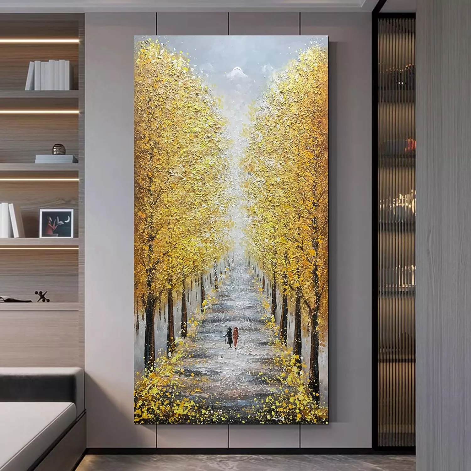 Yotree Paintings - 24x48 Inch 3D Wall Art on Canvas Abstract Painting Autumn Landscape Golden Avenue Wood Inside Framed Hanging Fall Wall Decoration Ready to Hang Vertical — Wall Art