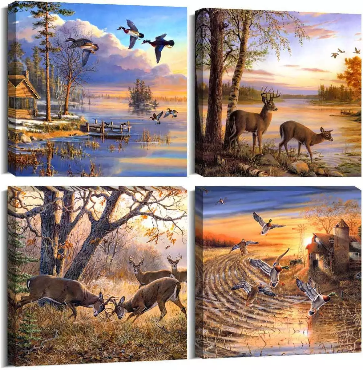 ArtHome520 Yellow Vintage Fall Landscape Wild Duck Wall Art Canvas Printed Oil Painting Home Decor orange Animal Deer Picture for Living Room Modern Framed 4 Panel (16  x16  x4pcs) — Wall Art