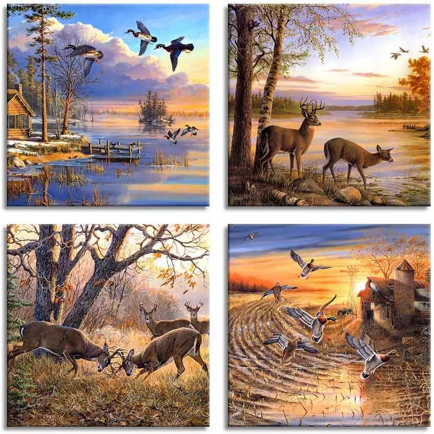 ArtHome520 Yellow Vintage Fall Landscape Wild Duck Wall Art Canvas Printed Oil Painting Home Decor orange Animal Deer Picture for Living Room Modern Framed 4 Panel (16  x16  x4pcs) — Wall Art