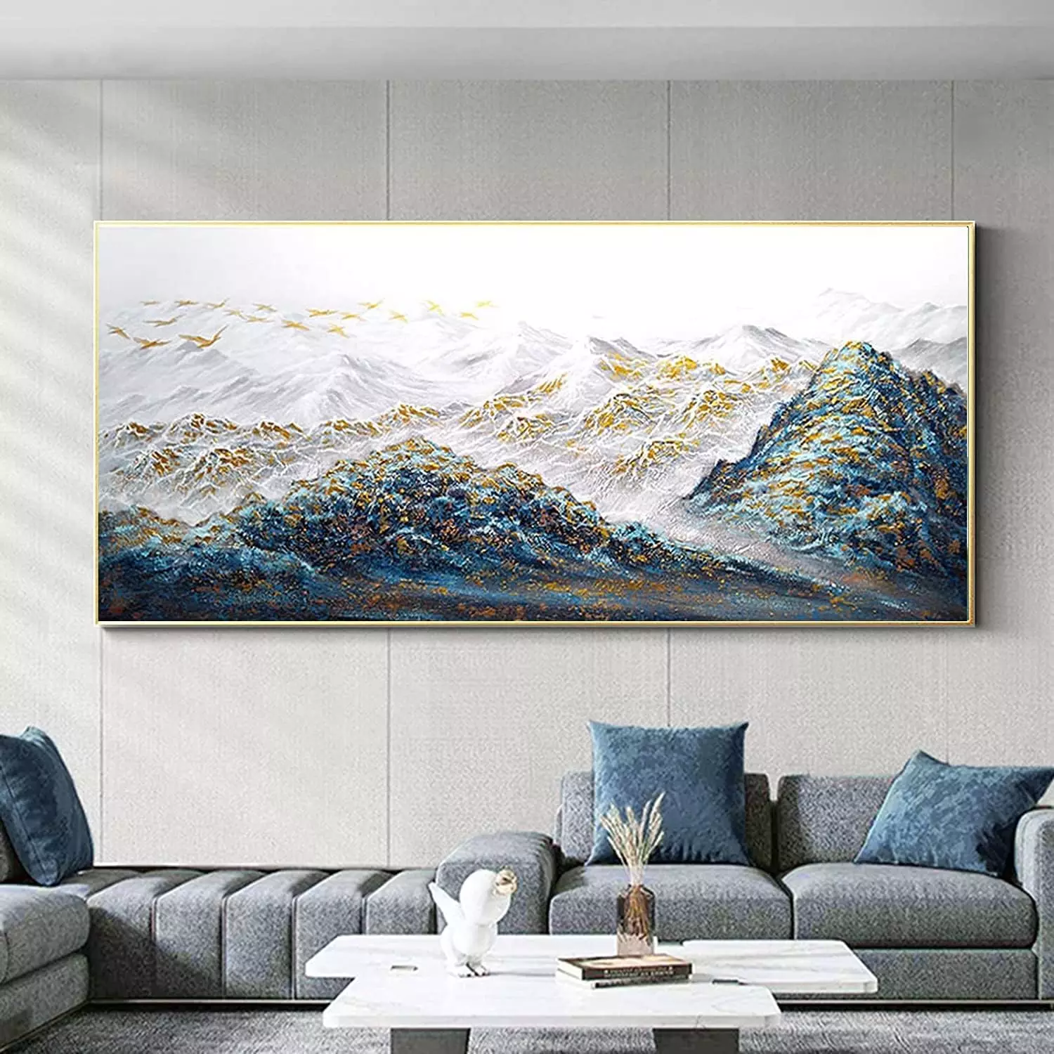 Large Mountain Canvas Wall Art for Living Room-Framed Gold and Blue Landscape Oil Painting for Bedroom-Modern Forest Wall Decor for Office Kitchen Ready to Hang 28x56inches — Wall Art