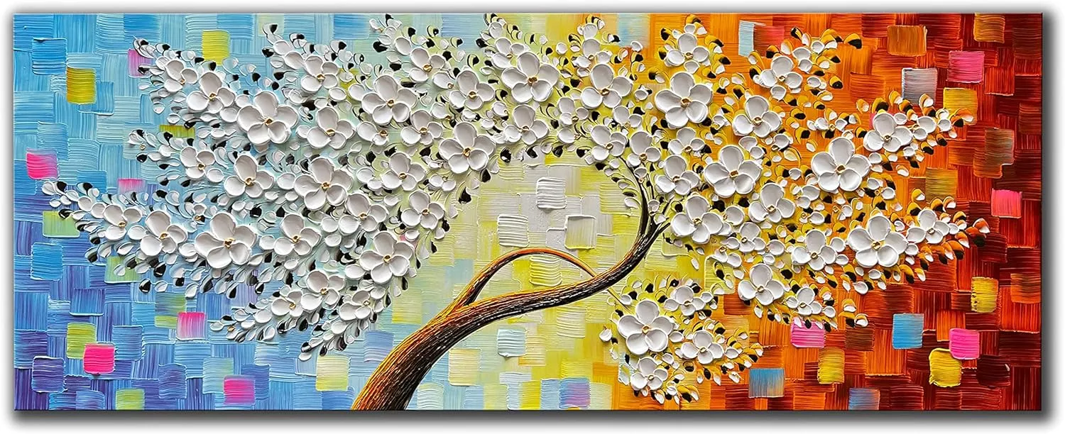 JELRINR large 3D Handmade Art Oil Painting On Canvas Texture White Flower Tree paintings Canvas Wall Artwork Home Decor paintings Framed Ready to Hang 24x60 inch — Wall Art