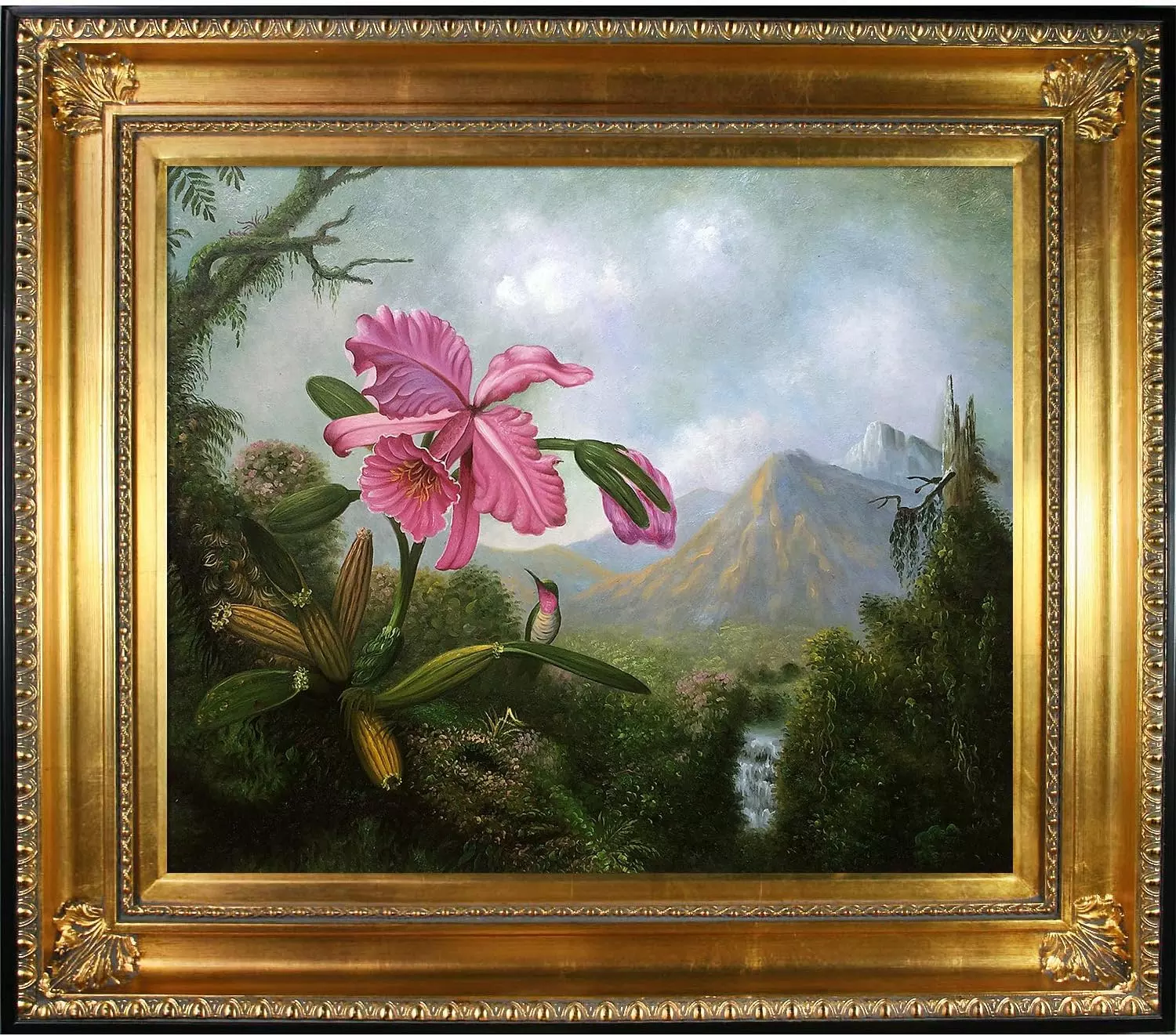 overstockArt Orchid and Hummingbird Near a Mountain Waterfall, 1902 by Martin Johnson Heade Framed Hand Painted Oil on Canvas, 32.5  x 28.5 , Multi-Color — Wall Art