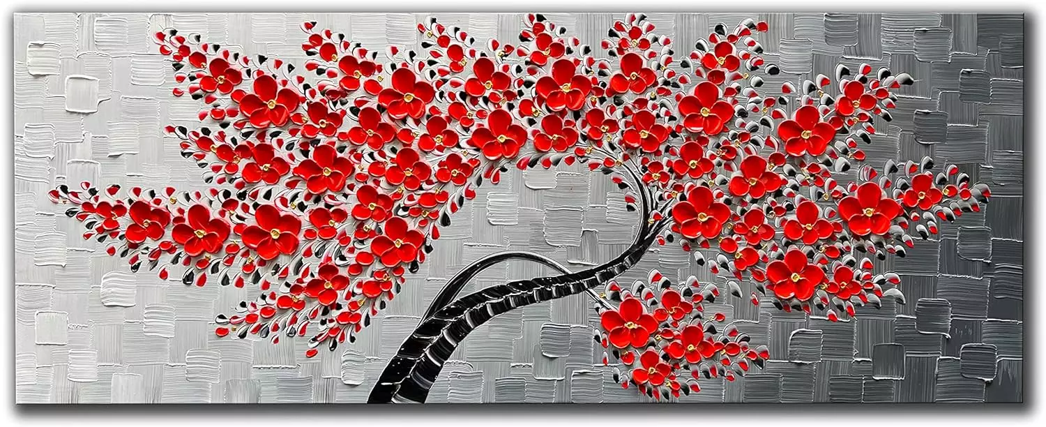 JELRINR large 3D Contemporary Art Handmade Oil Painting On Canvas Texture Red Flower Tree paintings Canvas Wall Art Home living Room Decor paintings 24x60 inch — Wall Art