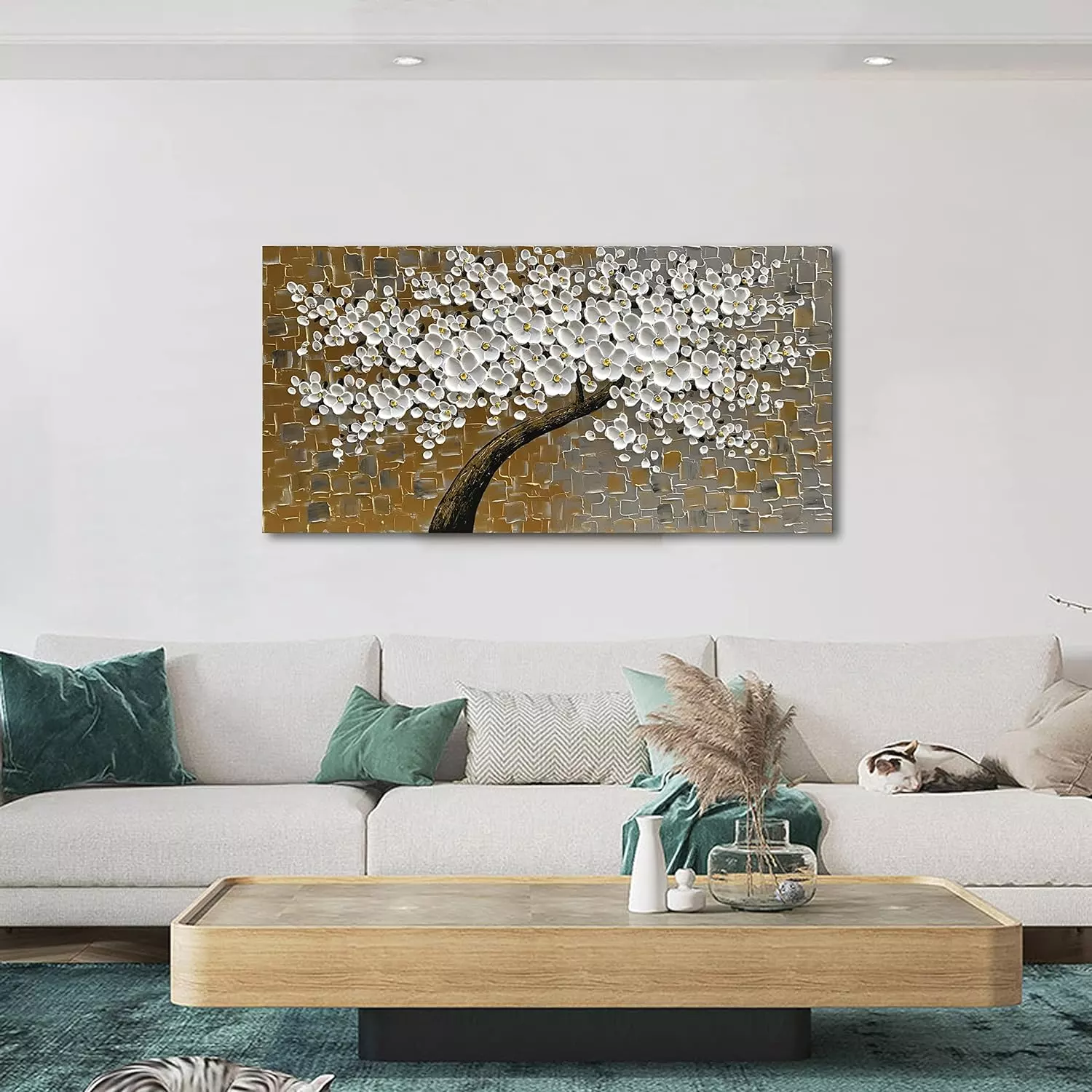 Epicler 100% Hand Painted Contemporary Art Oil Painting,3D Textured White Flowers Oil Painting, Modern Home Decorative Wall Art Painting 24x48 inches — Wall Art