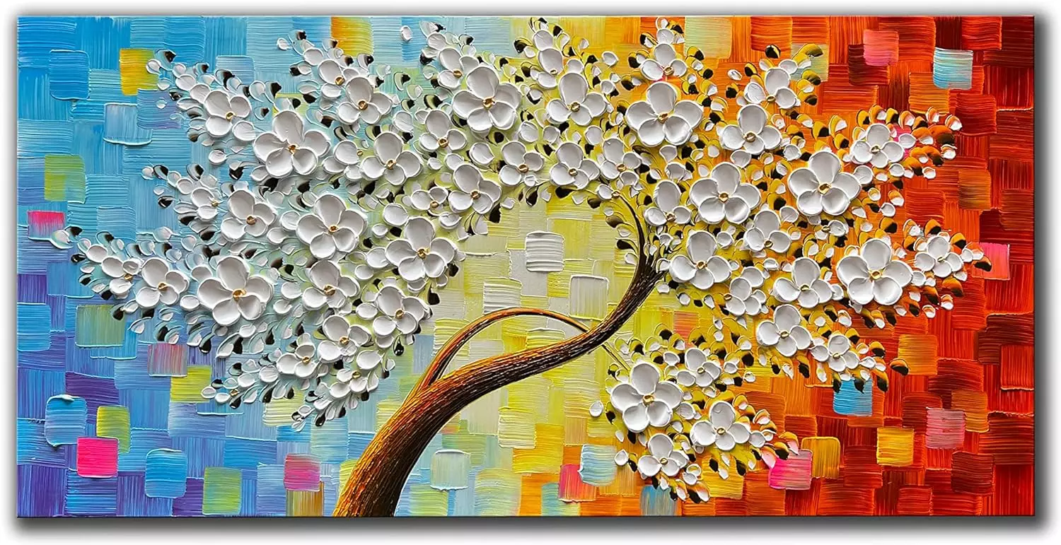 JELRINR Handmade Contemporary Art Oil Painting On Canvas Texture colorful White Flower Tree paintings Canvas Wall Abstract Artwork Home living Room Decor painting Ready to Hang 24x48 inch — Wall Art