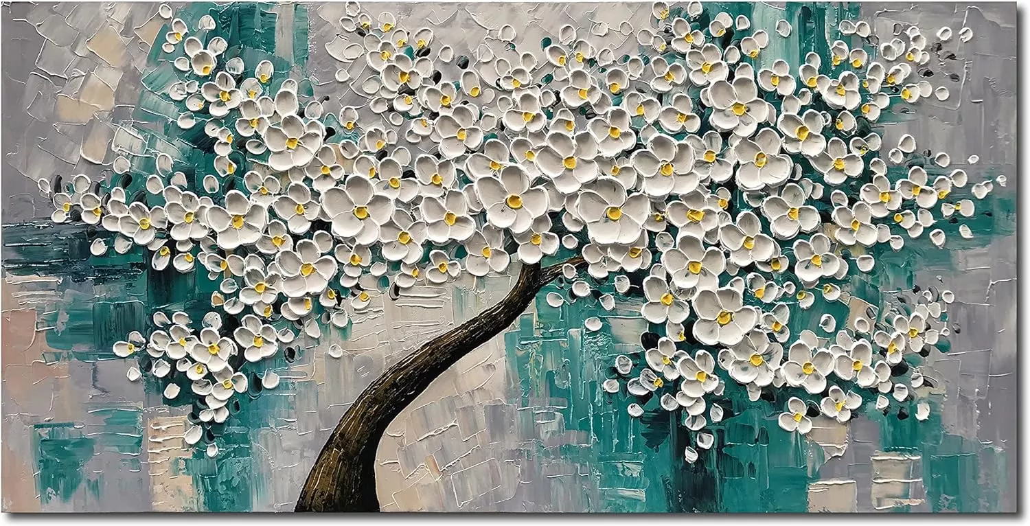 Epicler art 3D abstract Art oil painting, white flower tree painting, textured palette knife white flower painting, modern canvas wall Art home decoration home painting (24x48 inches) — Wall Art