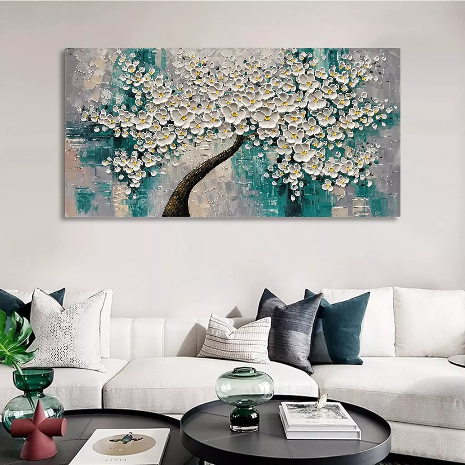 Epicler art 3D abstract Art oil painting, white flower tree painting, textured palette knife white flower painting, modern canvas wall Art home decoration home painting (24x48 inches) — Wall Art