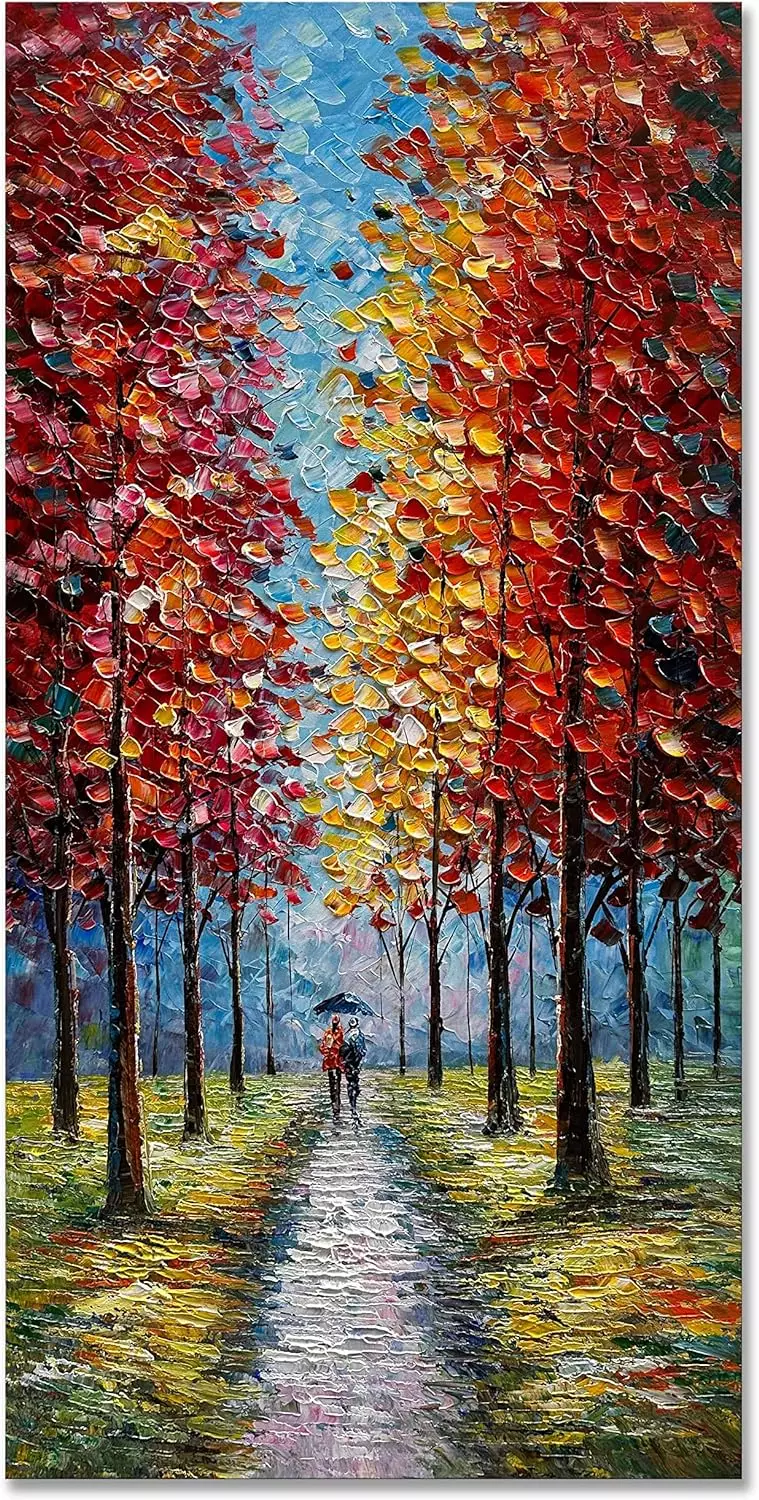 Creespi 24x48inch Landscape Oil Painting On Canvas Textured Tree Abstract Contemporary Art Wall Paintings Handmade Home Decorations Vertical Canvas Wall Art Ready to Hang — Wall Art