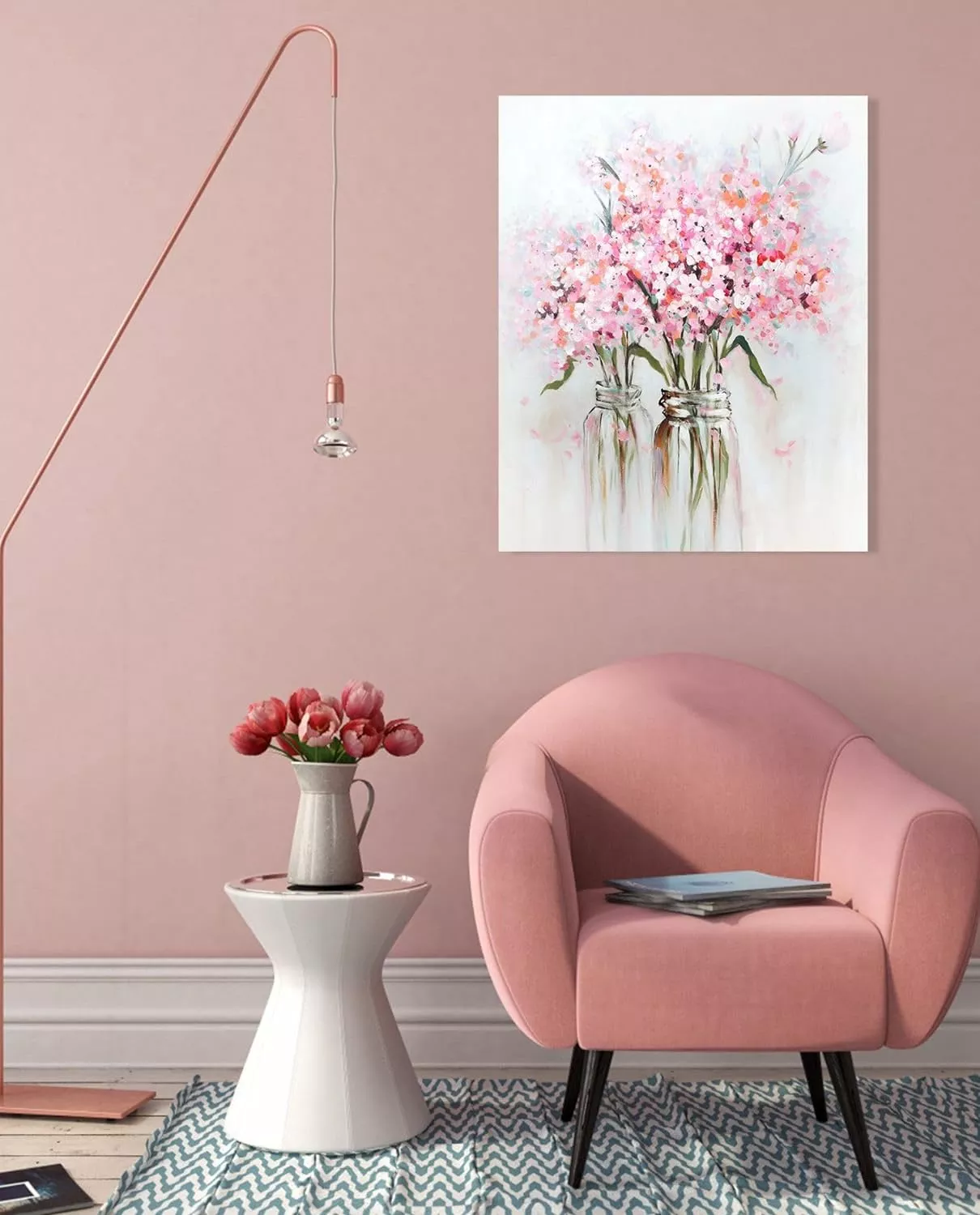 YPY Abstract Bouquet Canvas Wall Art: Pink Flower in Vase Artwork Hand Painted Oil Painting for Teen Girl Bedroom Floral Picture Poster for Living Room Decor 24  x 30  — Wall Art