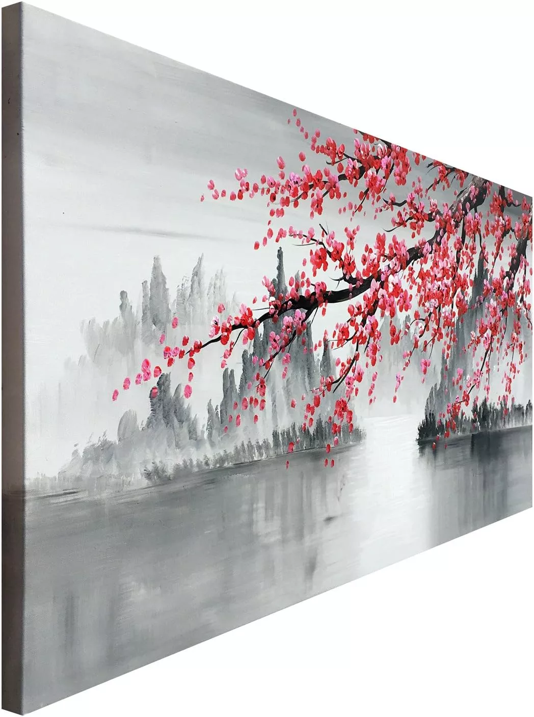 Handmade Traditional Chinese Painting Pink Plum Blossom Canvas Wall Art Modern Black and White Landscape Artwork — Wall Art