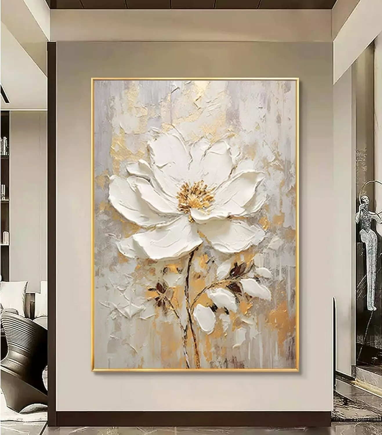 Large 3D Flower Canvas Wall Art for Ofiice- Hand-Painted Oil Painting Floral for Bedroom- Framed Modern Artwork for Living Room Home Decoration 32x48inches — Wall Art