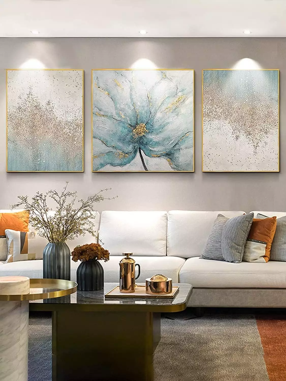 Large Flower and Abstract Canvas Wall Art for Living Room -Hand Painted Floral Oil Painting for Office -3 Pieces Blue Framed Wall Decor for Bedroom Kitchen 28x68 inches — Wall Art