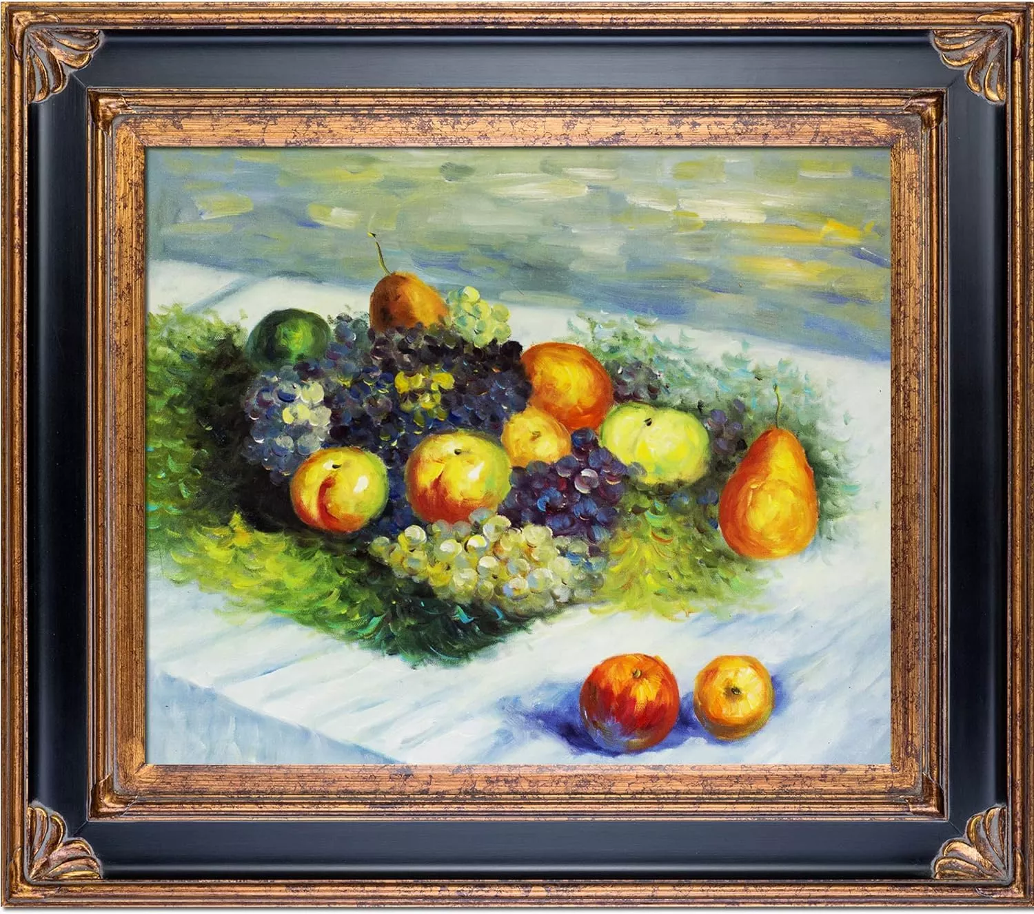 overstockArt Pears and Grapes Framed Oil Reproduction of an Original Painting by Claude Monet, Corinthian Frame, Black and Gold Finish — Wall Art