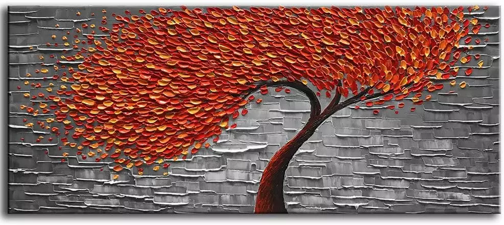 YaSheng Art -100% Hand-Painted Contemporary Art Oil Painting On Canvas Texture Palette Knife Red Tree Paintings Modern Home Interior Decor Abstract Art 3D Paintings Large Canvas Art 24x60inch — Wall Art