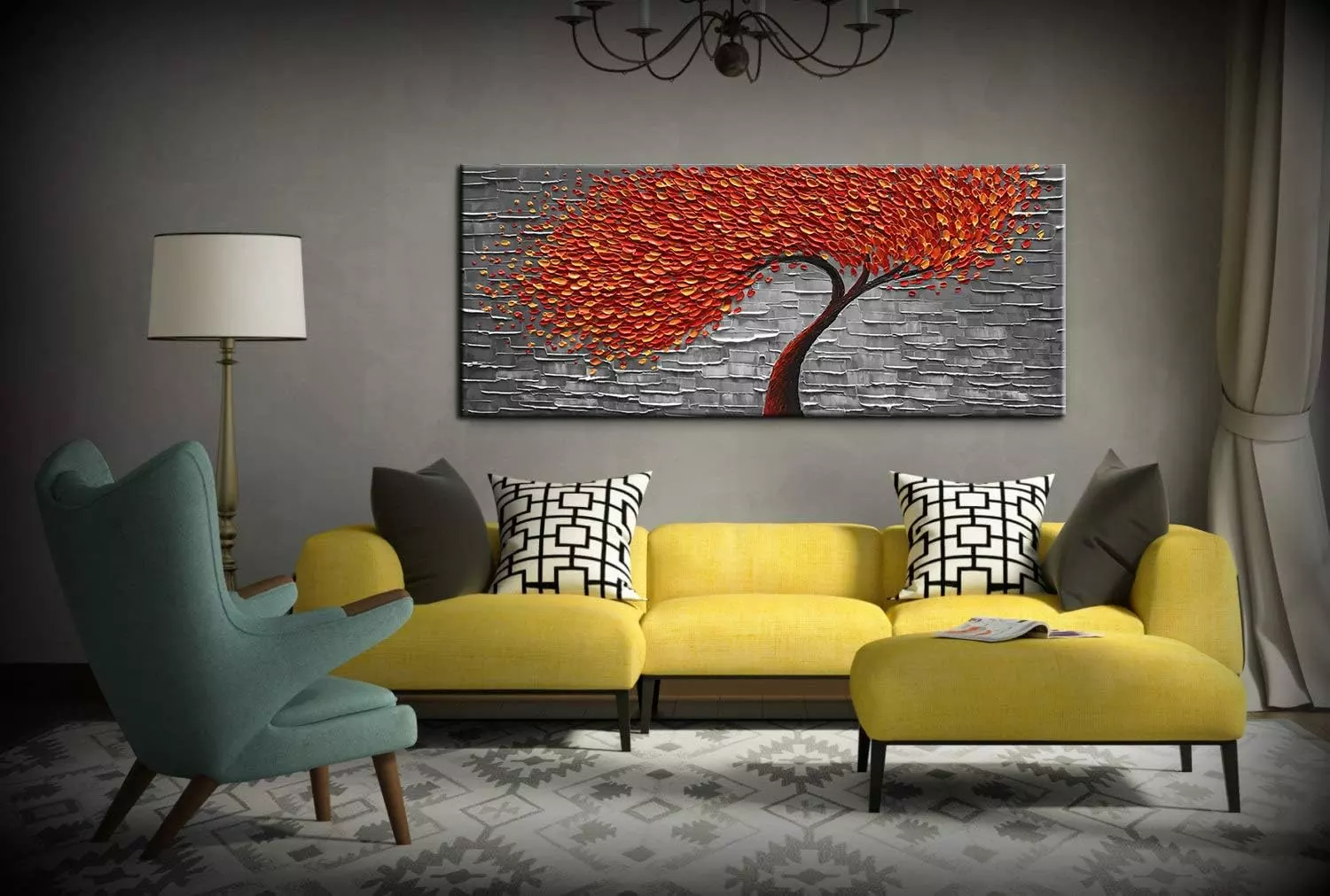 YaSheng Art -100% Hand-Painted Contemporary Art Oil Painting On Canvas Texture Palette Knife Red Tree Paintings Modern Home Interior Decor Abstract Art 3D Paintings Large Canvas Art 24x60inch — Wall Art