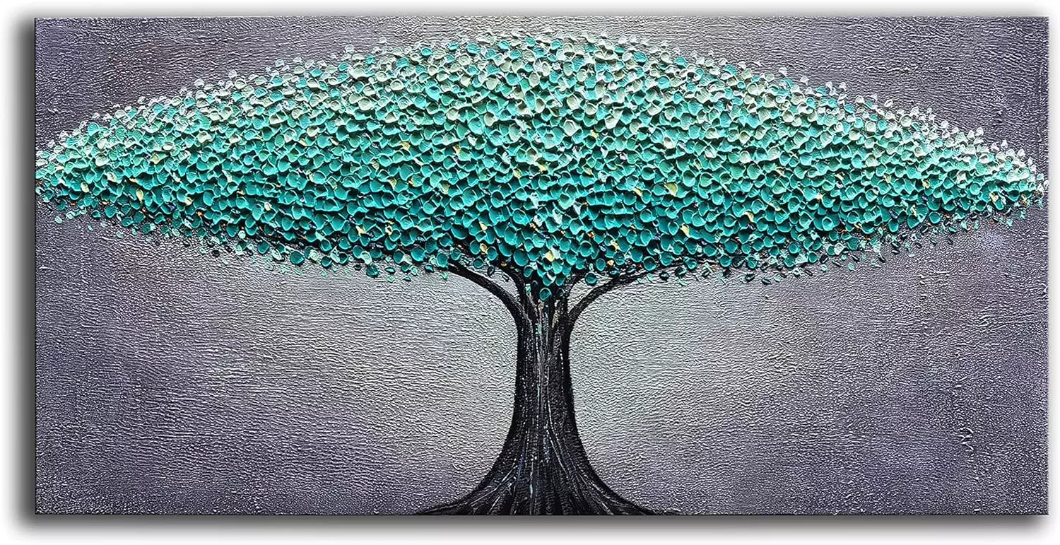 JELRINR Blue and Green Tree paintings 3D Texture Abstract Art Oil Painting On Canvas Wall Abstract Artwork Modern Home living Room Decor Framed Ready to Hang 24x48 inch — Wall Art