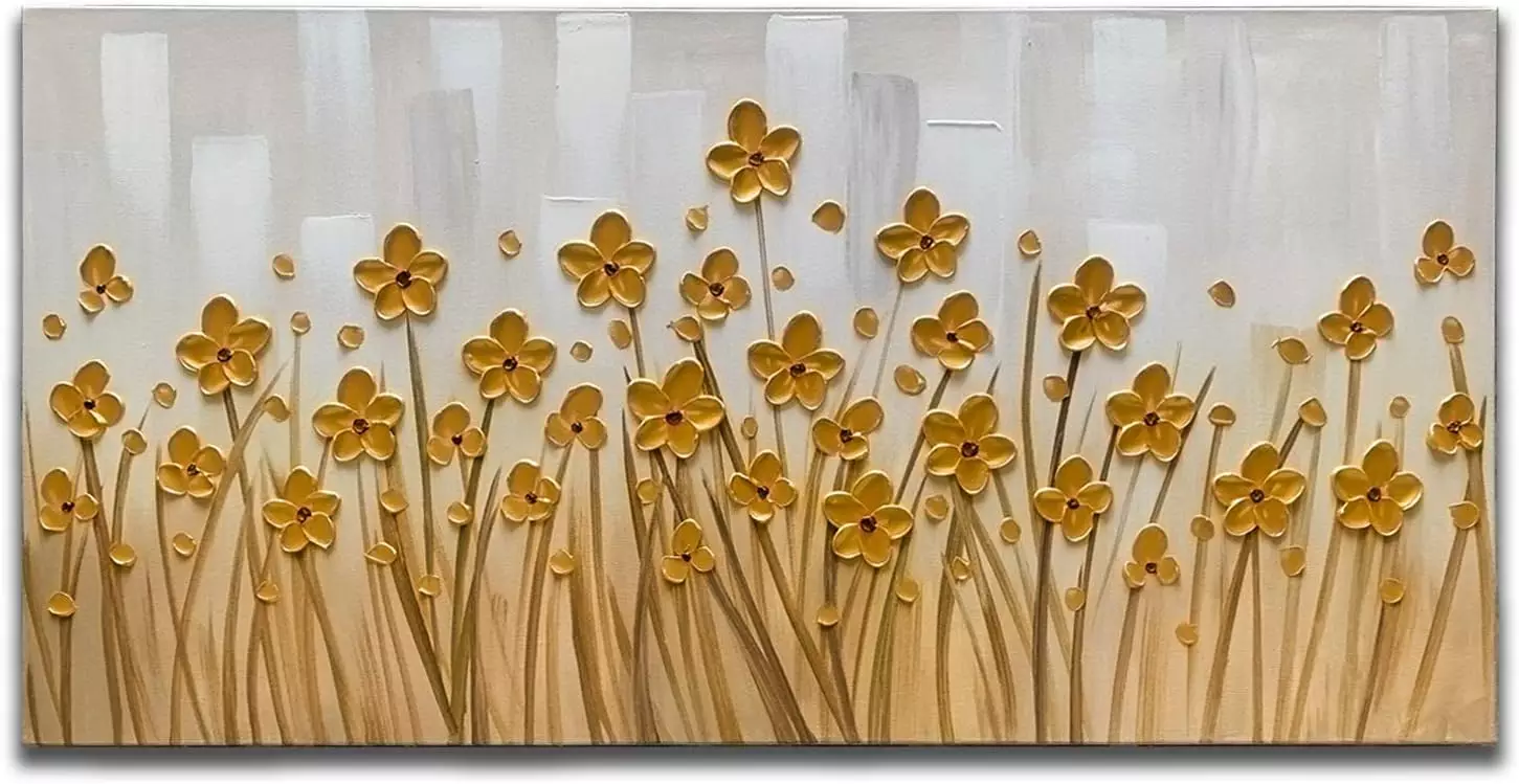 Yika Art -- 100% Hand Painted 3D Paintings On Canvas Golden Daisy Flower Oil Paintings Abstract Landscape Artwork Ready to Hang Wall Art for Living Room Bedroom -24X48 Inch — Wall Art