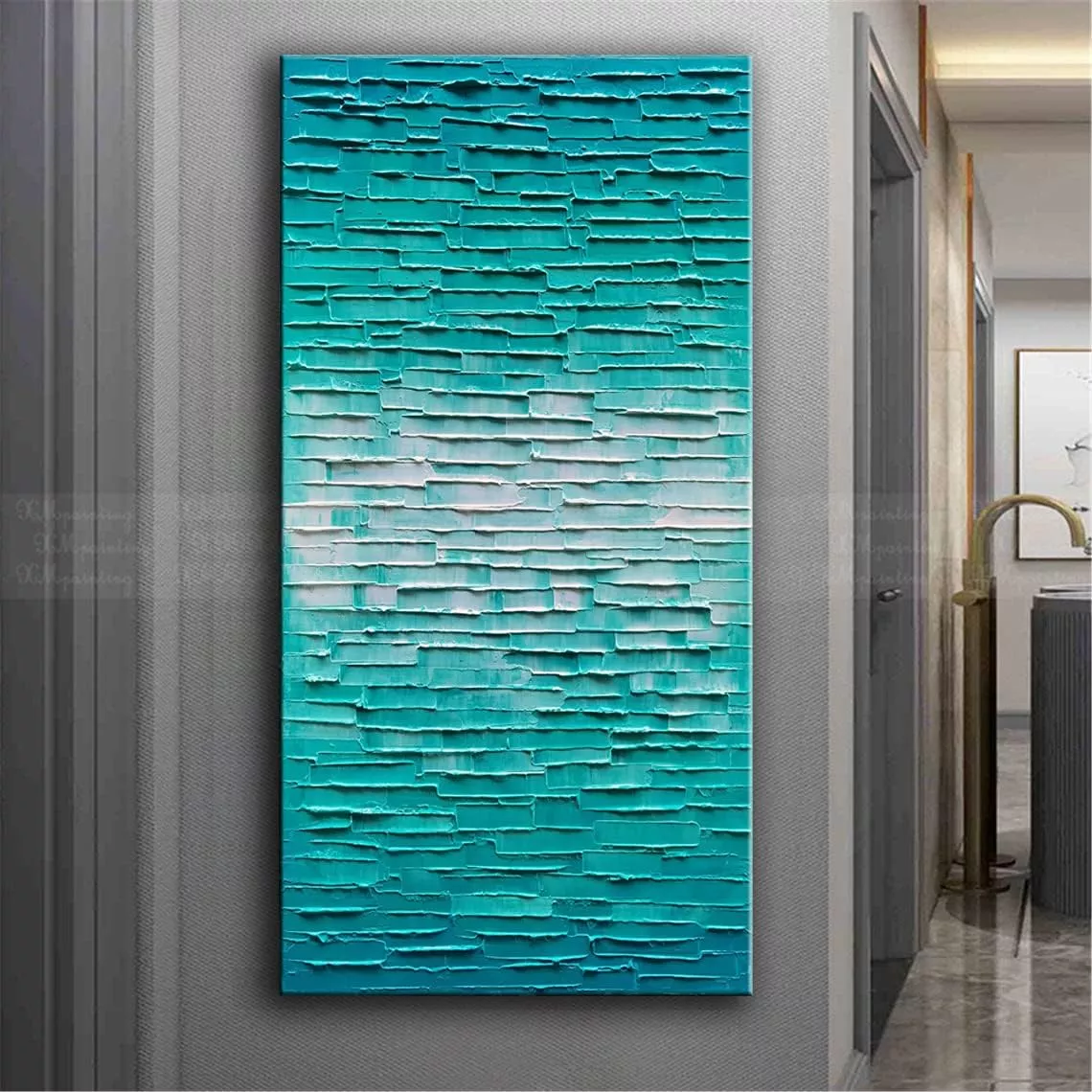 JELRINR Modern Abstract Art Oil Painting on Canvas Hand Painted Texture blue-green Abstract Canvas Wall Art Decoration Contemporary Artwork Framed Ready to Hang 24x48inch — Wall Art