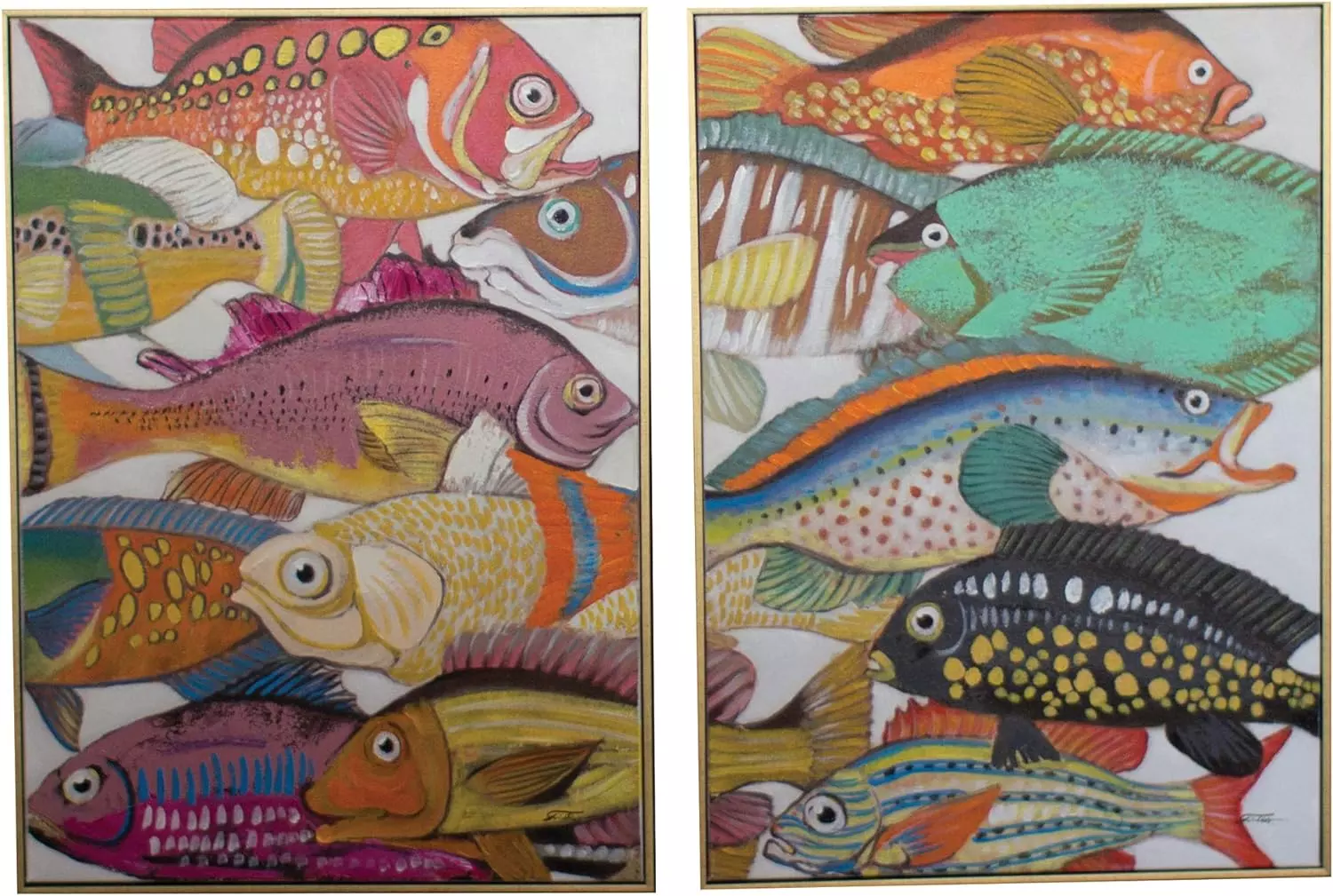 MY SWANKY HOME Coastal Bright Colorful Fish Set Two Hand Painted Gold Frame Oil Painting — Wall Art