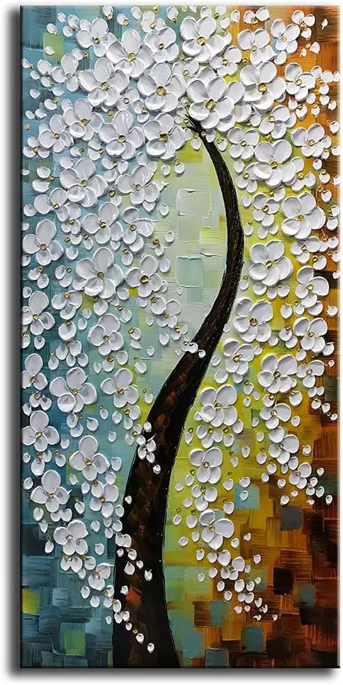 Tyed Art- Hand Painted Modern Textured White Flower Tree Oil Painting on Canvs Abstract Floral Artwork Home sitting room Decoration Canvas Wall Art Paintings Ready to hang 24x48inch — Wall Art