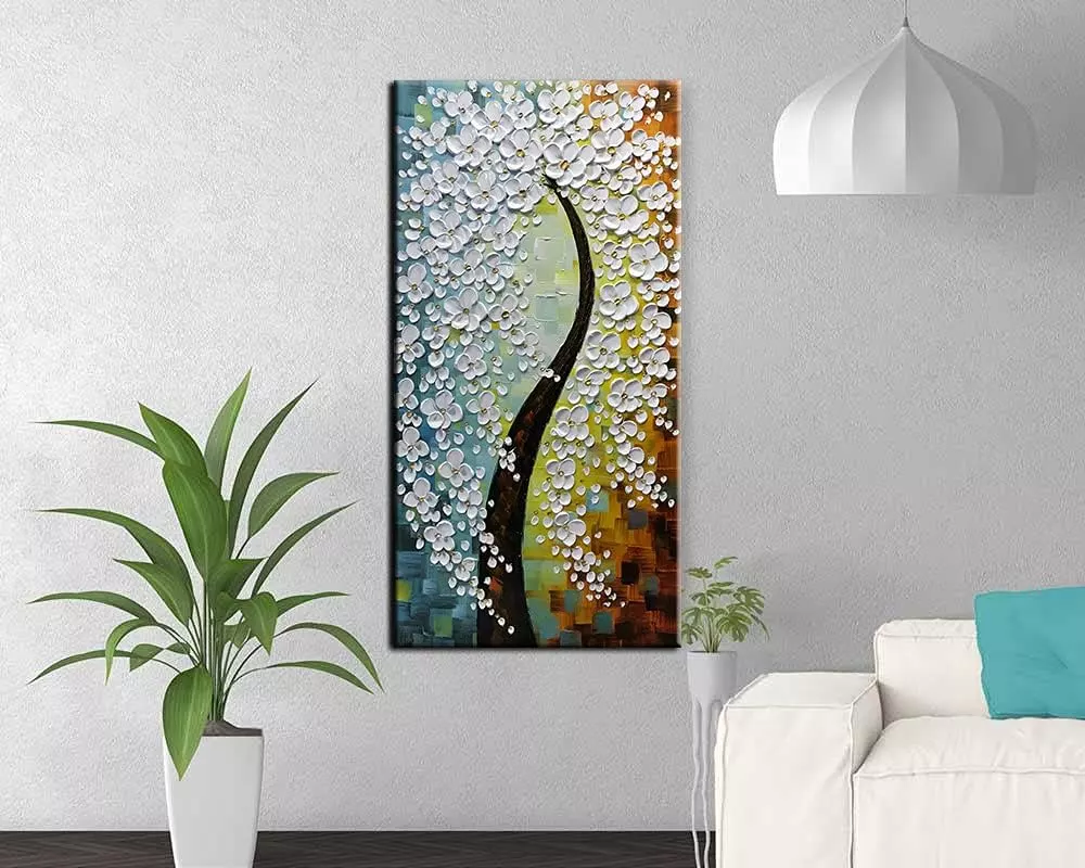 Tyed Art- Hand Painted Modern Textured White Flower Tree Oil Painting on Canvs Abstract Floral Artwork Home sitting room Decoration Canvas Wall Art Paintings Ready to hang 24x48inch — Wall Art