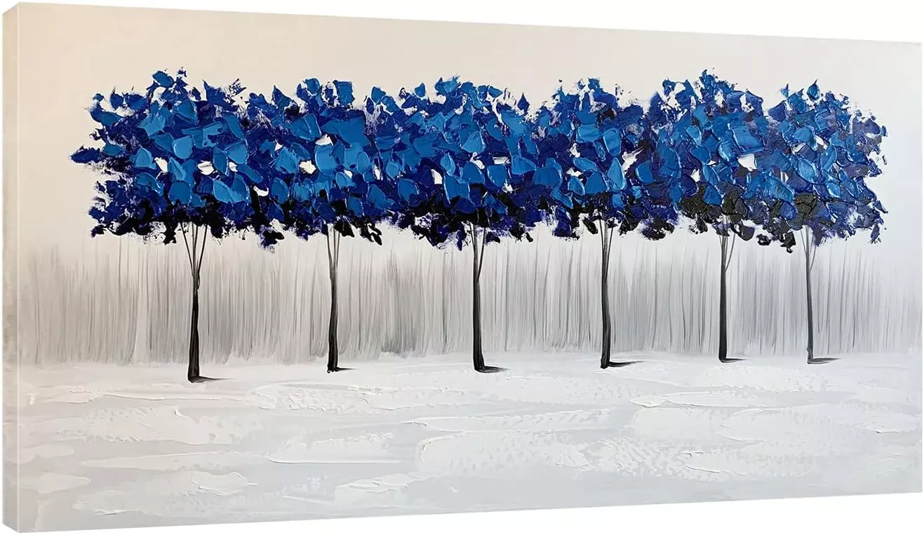 RICHSPACE ARTS Living Room Wall Art Long Pictures Horizontal Trees Large Framed Canvas Artwork Abstract Landscape Oil Painting in Blue and Grey Color for Modern Decor — Wall Art