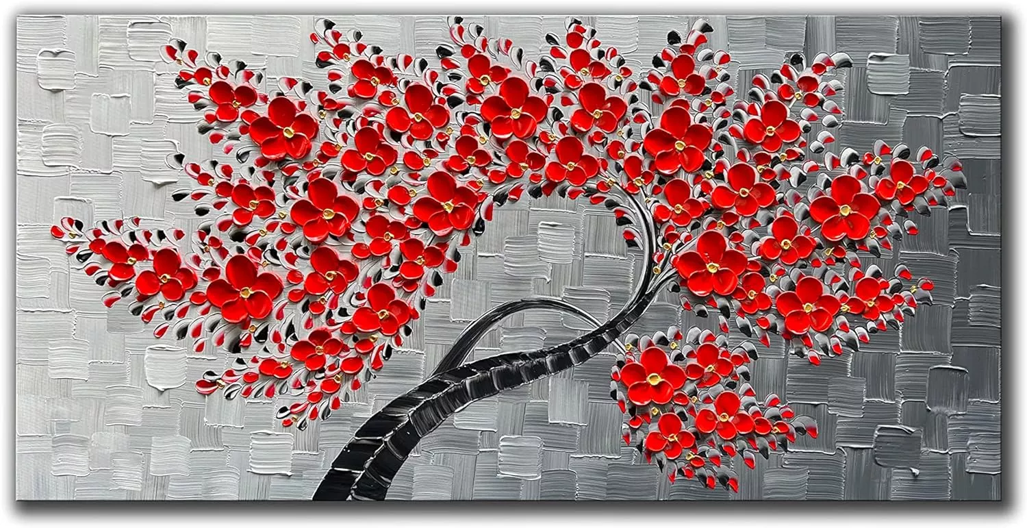 JELRINR Oil Painting 3D Contemporary Art Handmade Oil Painting On Canvas Texture Red Flower Tree paintings Canvas Wall Abstract Artwork Home living Room Decor paintings 24x48 inch — Wall Art