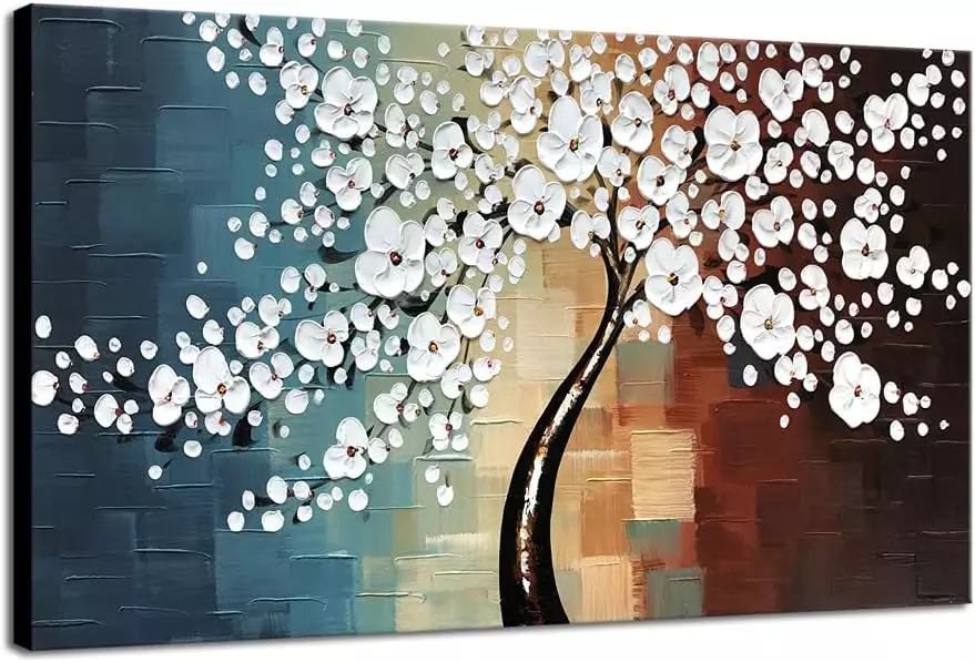 Wieco Art Blooming life Large Modern Stretched and Framed White Flowers Artwork 100% Hand Painted Floral Oil Paintings on Canvas Wall Art Ready to Hang for Living Room Bedroom Home Decorations L — Wall Art