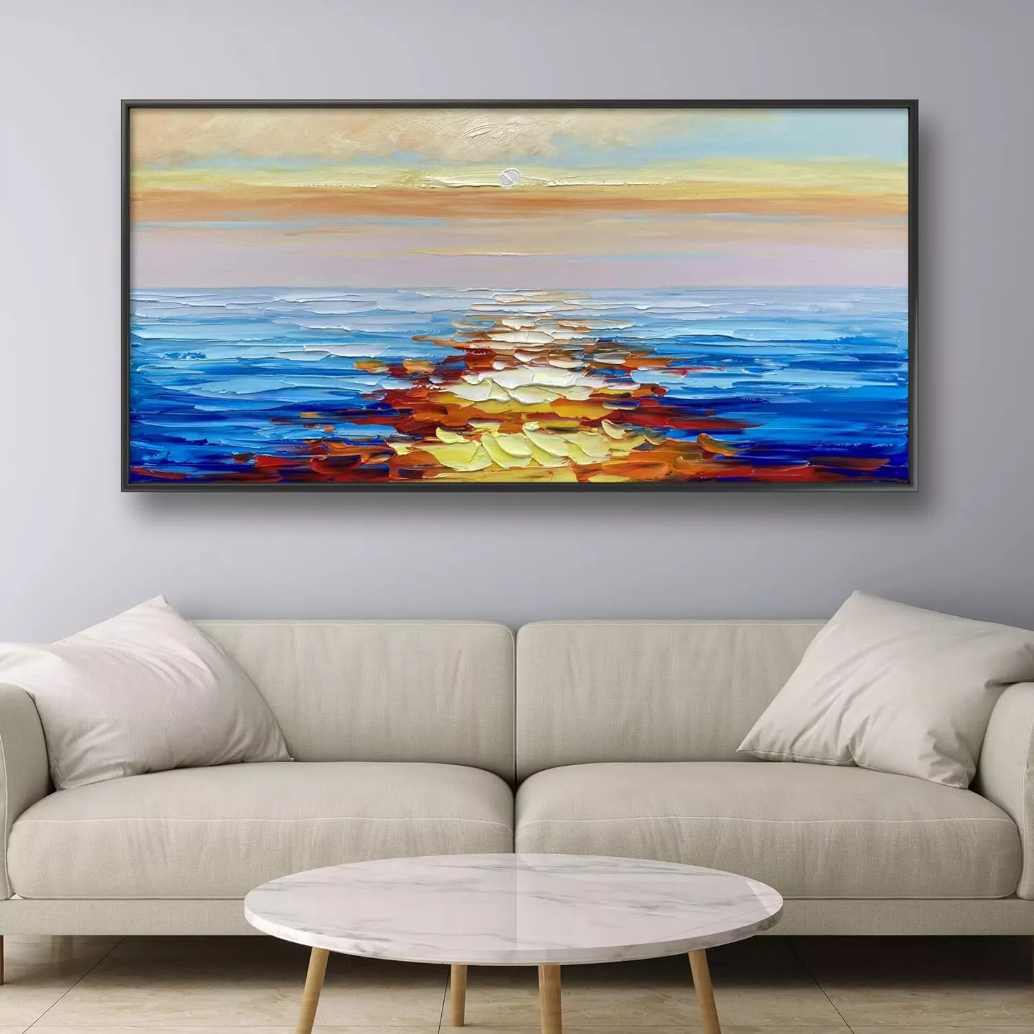 JENLLY Modern Wall Art 100% Hand-painted Oil Painting Sunrise Over the Sea Nature Picture Ready to Hang 24 * 48 Inch Canvas Wall Art for Living Room — Wall Art