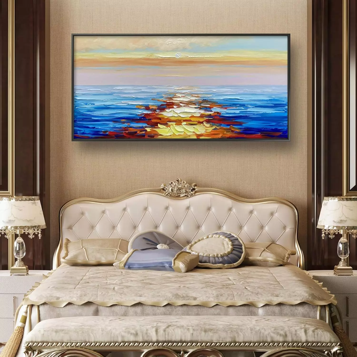 JENLLY Modern Wall Art 100% Hand-painted Oil Painting Sunrise Over the Sea Nature Picture Ready to Hang 24 * 48 Inch Canvas Wall Art for Living Room — Wall Art