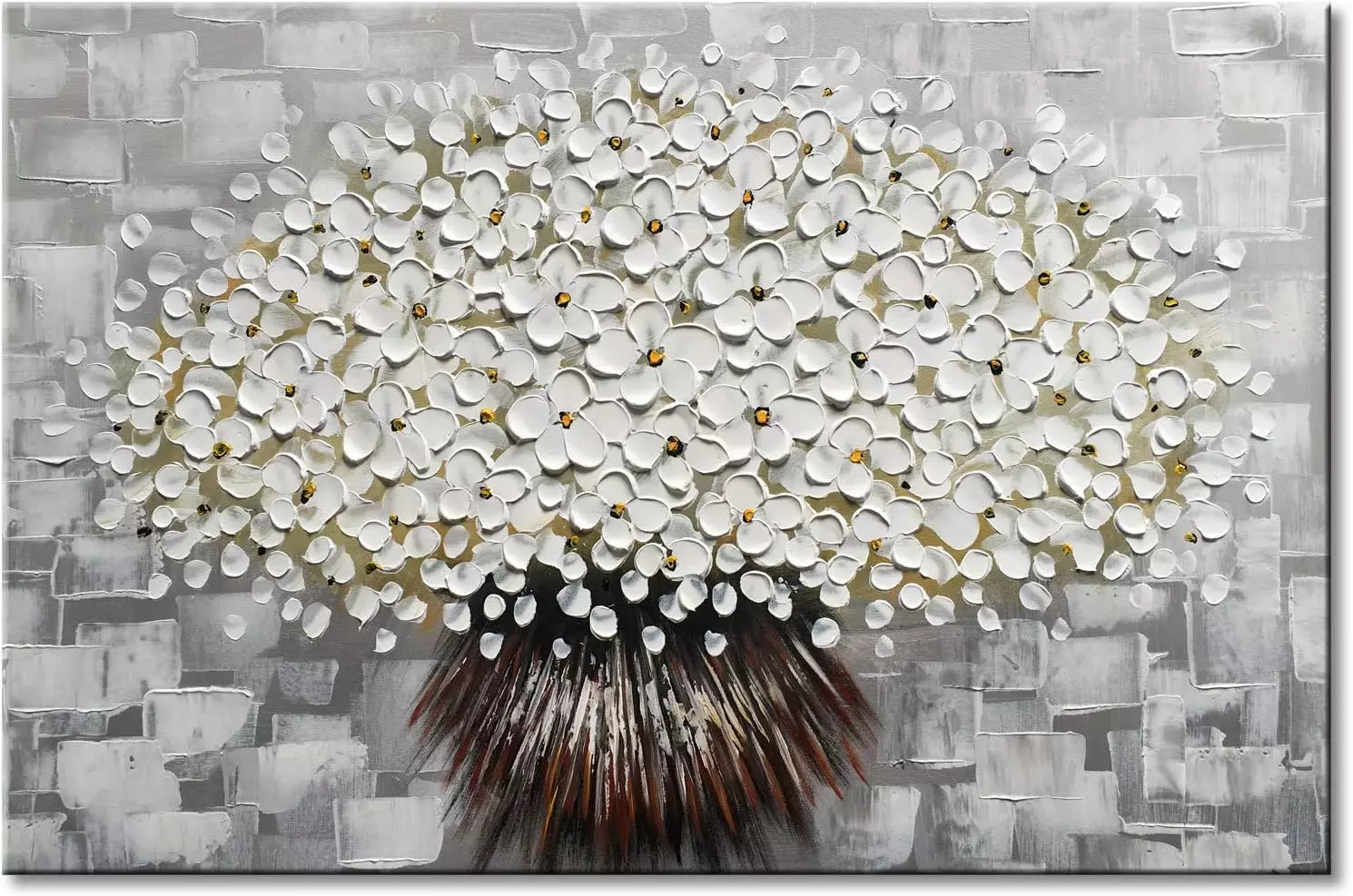 Hand Painted Textured White Flower Oil Painting Grey Abstract Wall Art Decor — Wall Art